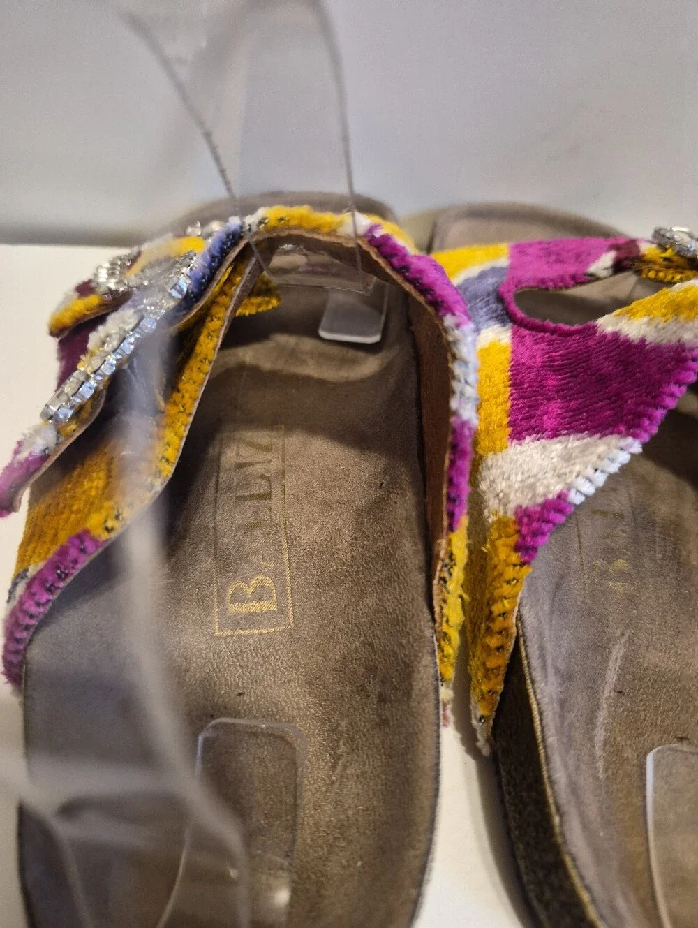 Baldiz Silk Velvet Ikat Double Rhinestone Buckle Slide SandalsSz.7/ EU 37 $245
